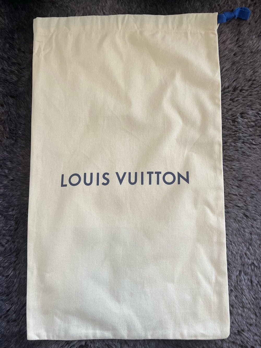 Authentic Louis Vuitton Cream Dust Bag with Navy Logo Vertical Print